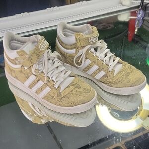 Adidas Mens Tan and White Snake Print Sneakers